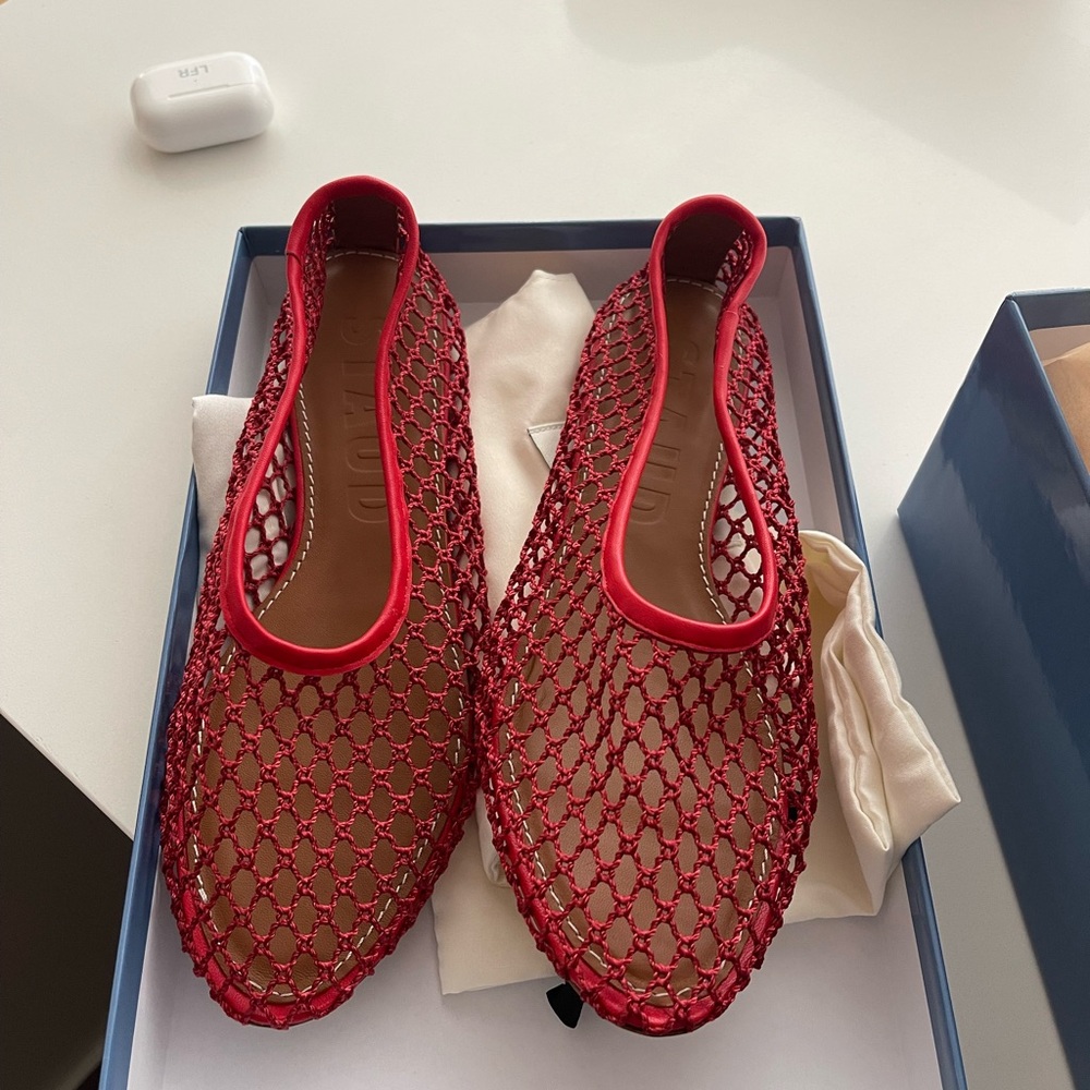 STAUD Red Woven Flats with Elastic Trim
